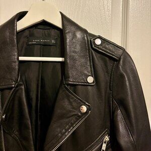 ZARA BLACK BELTED BIKER LEATHER JACKET SMALL S